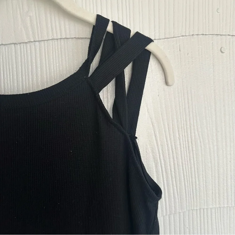 7th Ray Women’s Large Black Strappy Shoulder Sleeveless Tank Top Waffle Knit - Picture 3 of 4
